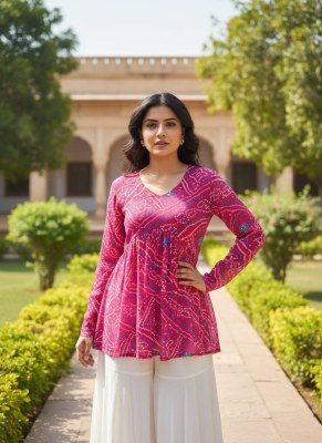 Bandhej Pure Georgette Printed Tops Long Sleeve Churi Style Office And Casual Wear Wholesale Ethnic Tops kurtis catalogs