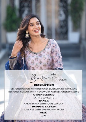 Basanti vol 03 present Designer embroidered with printed Gown Exclusive catalogue gown catalogs