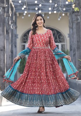 Basanti vol 03 present Designer embroidered with printed Gown Exclusive catalogue gown catalogs