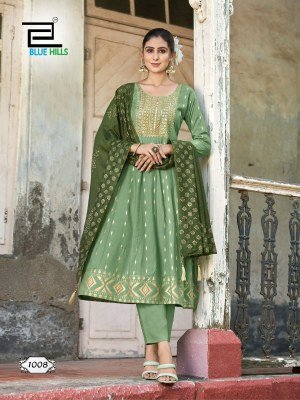 Batu caves by Blue hills Heavy chanderi foil printed fancy Anarkali suit wholesaler readymade suit catalogs