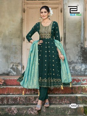 Batu caves by Blue hills Heavy chanderi foil printed fancy Anarkali suit wholesaler readymade suit catalogs
