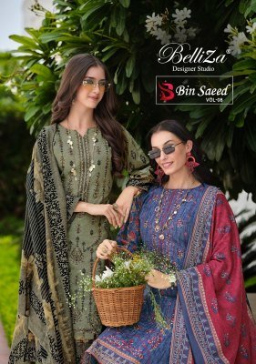 BelliZa Designer Studio Bin Saeed Vol 8 Unstitched Suit Set  Pure Cotton Digital Print with Heavy Embroidered Front And Mal Mal Dupatta Wholesale dress material catalogs