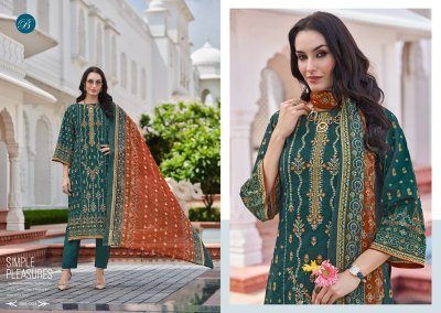 BelliZa Designer Studio Bin Saeed Vol 8 Unstitched Suit Set  Pure Cotton Digital Print with Heavy Embroidered Front And Mal Mal Dupatta Wholesale dress material catalogs