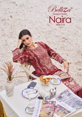 BelliZa Designer Studio Naira Vol 112 Unstitched Pure Cotton Suit Set with Exclusive Embroidery and Mal Mal Digital Dupatta Wholesale dress material catalogs