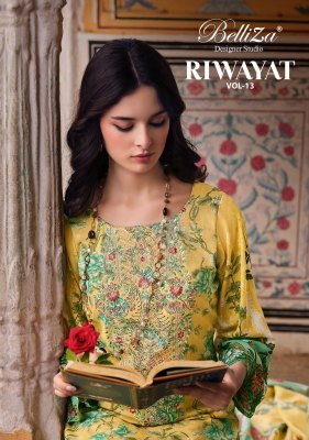 BelliZa Designer Studio Riwayat vol  13 Unstitched Premium Pure Viscose Rayon Digital Print Set with Heavy Self Embroidery And Pure Mal Mal Cotton Dup dress material catalogs