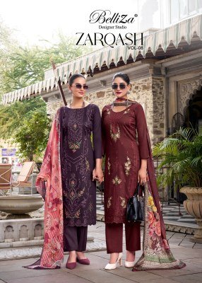 BelliZa Designer Studio Zarqash Vol 8 Premium Unstitched Ensemble Heavy Embroidered Pure Jam Top with Scalloped Hem Digital Print Pure Cotton Malmal D dress material catalogs