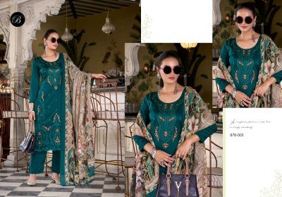 BelliZa Designer Studio Zarqash Vol 8 Premium Unstitched Ensemble Heavy Embroidered Pure Jam Top with Scalloped Hem Digital Print Pure Cotton Malmal D dress material catalogs