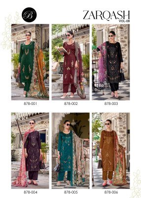BelliZa Designer Studio Zarqash Vol 8 Premium Unstitched Ensemble Heavy Embroidered Pure Jam Top with Scalloped Hem Digital Print Pure Cotton Malmal D dress material catalogs