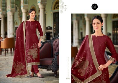 Belliza Designer Studio Anuja Unstitched Viscose Dola Silk Jacquard Suit Set with Swarovski And Rayon Bottom Wholesale dress material catalogs