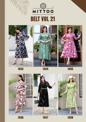 Belt vol 21 by Mittoo Reyon Printed kurti with fancy belt catalogue at affordable rate kurtis catalogs