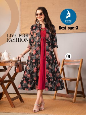Best one 3 by Kaya Chanderi modal printed long kurti with jacket collection at affordable price kurtis catalogs