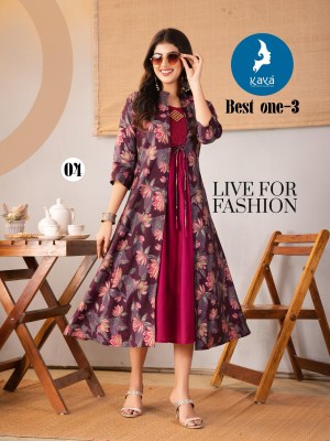 Best one 3 by Kaya Chanderi modal printed long kurti with jacket collection at affordable price kurtis catalogs