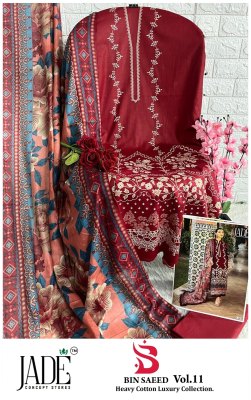 Bin Saeed vol 11 by Jade Pure Heavy Lawn Cotton unstitched suit catalogue at affordable rate pakistani suit catalogs