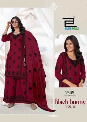 Black Bunny vol 15 by Blue Hills Reyon fancy Work  top bottom and dupatta catalogue at affordable rate kurti pant with dupatta Catalogs