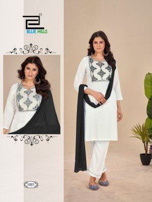Black and white vol 14 by Blue hills reyon embroidered top pant with dupatta catalogue at affordable rate readymade suit catalogs