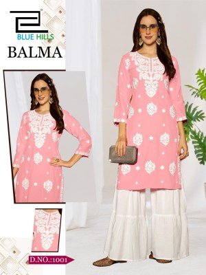 Blue Hills Balma Rayon Kurti Sharara Set with White Thread Work readymade suit catalogs
