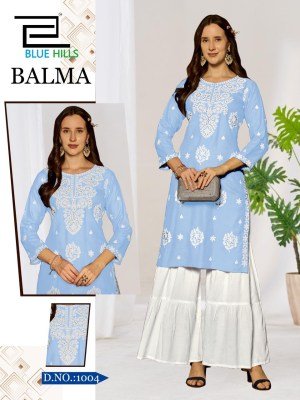 Blue Hills Balma Rayon Kurti Sharara Set with White Thread Work readymade suit catalogs