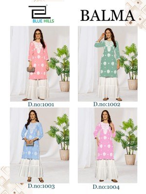 Blue Hills Balma Rayon Kurti Sharara Set with White Thread Work readymade suit catalogs