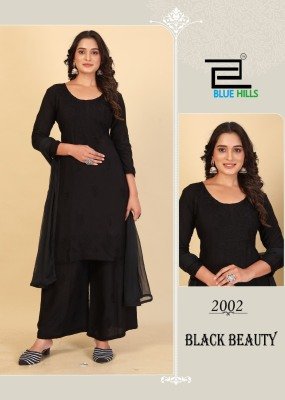 Blue Hills Black Beauty Designer Rayon Top Plazzo Set with Embroidered Nazneen Dupatta And Lace Work kurtis catalogs