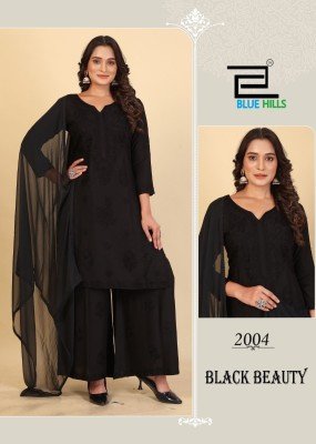 Blue Hills Black Beauty Designer Rayon Top Plazzo Set with Embroidered Nazneen Dupatta And Lace Work kurtis catalogs