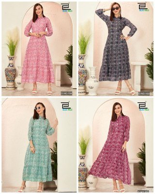 Blue Hills Blossom 2 0 Women s Long Kurti Catalogs Printed Gown in Heavy Georgette with Frill Pattern And Crepe Inner Wholesale kurtis catalogs