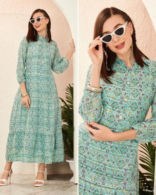 Blue Hills Blossom 2 0 Women s Long Kurti Catalogs Printed Gown in Heavy Georgette with Frill Pattern And Crepe Inner Wholesale kurtis catalogs