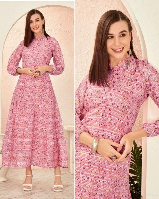 Blue Hills Blossom 2 0 Women s Long Kurti Catalogs Printed Gown in Heavy Georgette with Frill Pattern And Crepe Inner Wholesale kurtis catalogs