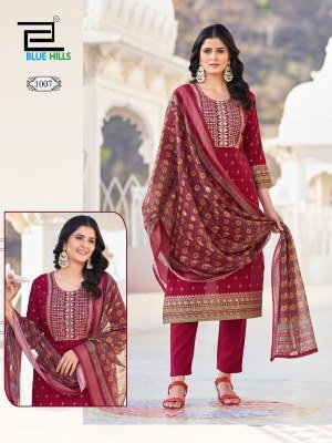 Blue Hills Dupatta World  Rayon Foil Printed Top with Neck Embroidery  Rayon Bottom And Chanderi Foil Print Dupatta with Latkan Wholesale kurtis catalogs