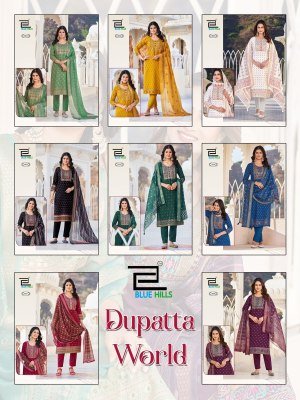 Blue Hills Dupatta World  Rayon Foil Printed Top with Neck Embroidery  Rayon Bottom And Chanderi Foil Print Dupatta with Latkan Wholesale kurtis catalogs