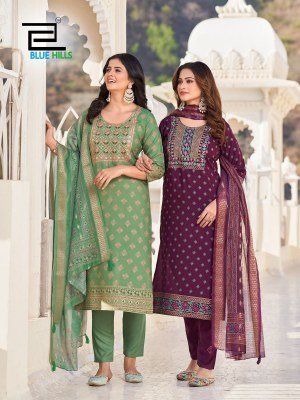 Blue Hills Dupatta World  Rayon Foil Printed Top with Neck Embroidery  Rayon Bottom And Chanderi Foil Print Dupatta with Latkan Wholesale kurtis catalogs