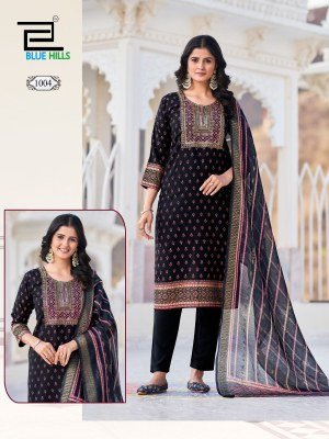 Blue Hills Dupatta World  Rayon Foil Printed Top with Neck Embroidery  Rayon Bottom And Chanderi Foil Print Dupatta with Latkan Wholesale kurtis catalogs