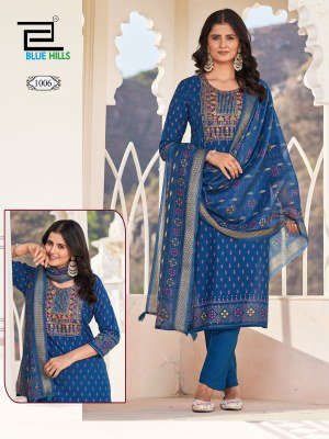Blue Hills Dupatta World  Rayon Foil Printed Top with Neck Embroidery  Rayon Bottom And Chanderi Foil Print Dupatta with Latkan Wholesale kurtis catalogs