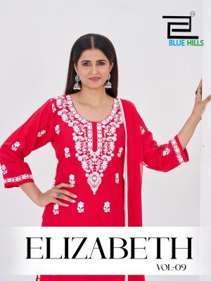 Blue Hills Elizabeth Vol 9 Rayon Embroidered Kurti Pant Set with Naznin Dupatta (M–5XL) Womens