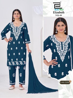 Blue Hills Elizabeth Vol 9 Rayon Embroidered Kurti Pant Set with Naznin Dupatta (M–5XL) readymade suits