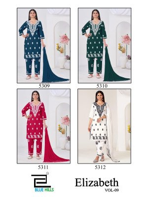 Blue Hills Elizabeth Vol 9 Rayon Embroidered Kurti Pant Set with Naznin Dupatta (M–5XL) readymade suits