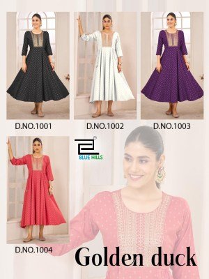 Blue Hills Golden Duck Rayon Anarkali Gown with Neck Embroidery Ethnic Wear  Wholesale Collection kurtis catalogs