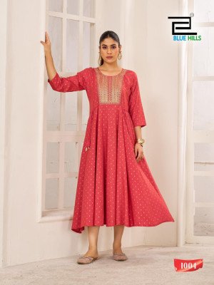 Blue Hills Golden Duck Rayon Anarkali Gown with Neck Embroidery Ethnic Wear  Wholesale Collection kurtis catalogs