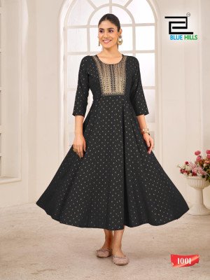 Blue Hills Golden Duck Rayon Anarkali Gown with Neck Embroidery Ethnic Wear  Wholesale Collection kurtis catalogs