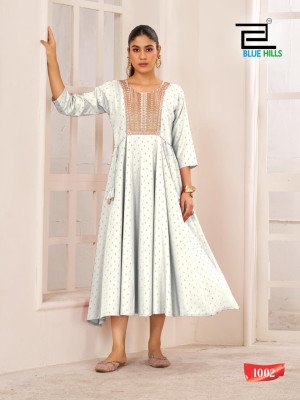 Blue Hills Golden Duck Rayon Anarkali Gown with Neck Embroidery Ethnic Wear  Wholesale Collection kurtis catalogs