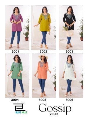 Blue Hills Gossip Vol 3 Elegant Embroidery Work Rayon Kurti with Side Slit Wholesale kurtis catalogs
