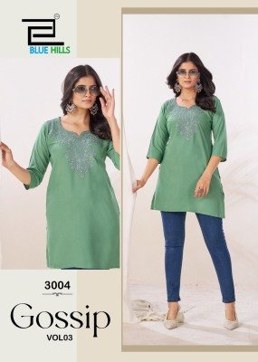 Blue Hills Gossip Vol 3 Elegant Embroidery Work Rayon Kurti with Side Slit Wholesale kurtis catalogs