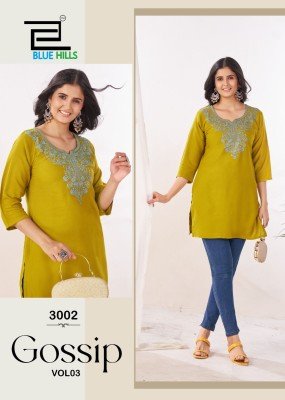 Blue Hills Gossip Vol 3 Elegant Embroidery Work Rayon Kurti with Side Slit Wholesale kurtis catalogs