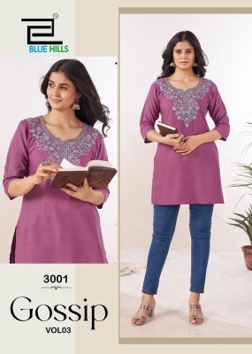 Blue Hills Gossip Vol 3 Elegant Embroidery Work Rayon Kurti with Side Slit Wholesale kurtis catalogs