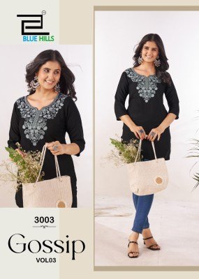 Blue Hills Gossip Vol 3 Elegant Embroidery Work Rayon Kurti with Side Slit Wholesale kurtis catalogs