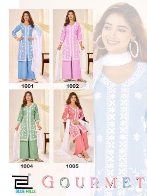 Blue Hills Gourmet White Thread Work Plazo Set with Naznin Dupatta And Wholesale kurtis catalogs