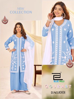 Blue Hills Gourmet White Thread Work Plazo Set with Naznin Dupatta And Wholesale kurtis catalogs