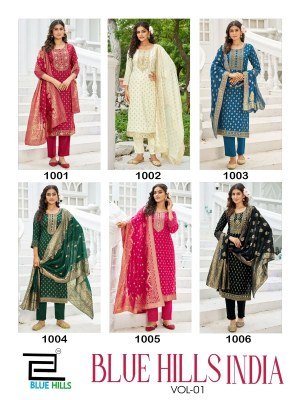 Blue Hills India Vol 1 Rayon Foil Print Embroidered Top with Rayon Pant And Jacquard Dupatta Wholesale kurtis catalogs