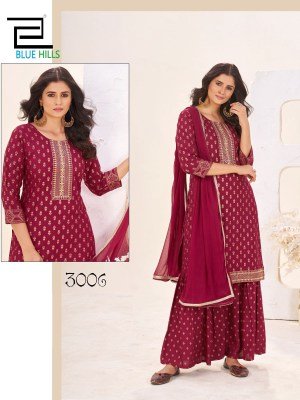 Blue Hills Muskaan Rayon Embroidered Kurti Set with Sharara And Nazmin Dupatta Ready to Wear Ethnic Collection Wholesale kurtis catalogs