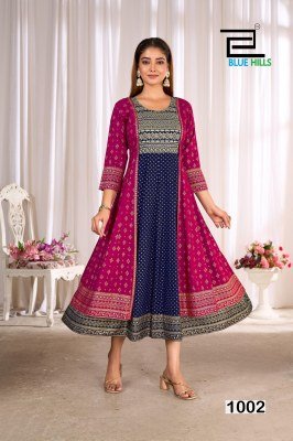 Blue Hills Our Trisha Rayon Anarkali Gown with Classic Neck Embroidery And Dori Wholesale fancy Anarkali suit catalogs
