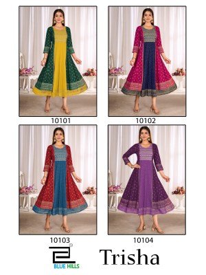 Blue Hills Our Trisha Rayon Anarkali Gown with Classic Neck Embroidery And Dori Wholesale fancy Anarkali suit catalogs